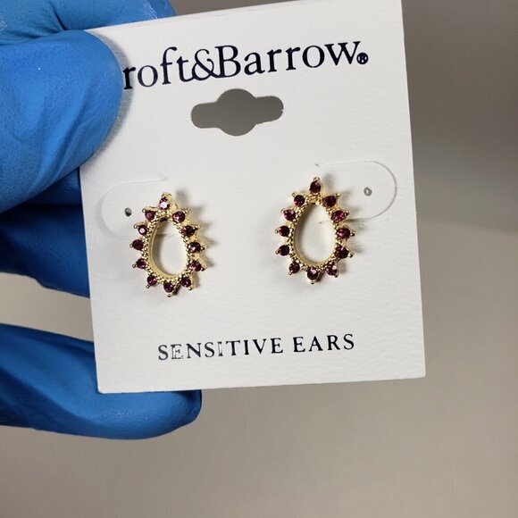 CROFT & BARROW, Women's Polished Gold-tone Hoop Pink Crystals Stud Earrings - Picture 7 of 8